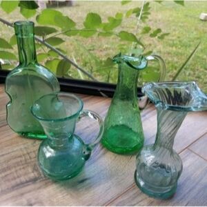 Vintage Green Art Crackle Glass Bottle Pitcher 4 Pc Lot